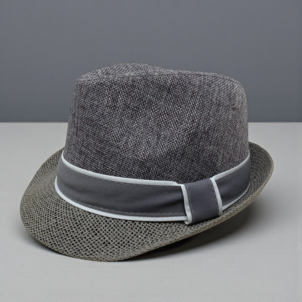 Gray Cotton Tweed Fedora Gangster Hat Trilby Cuban Hip Hop Woven Raffia Brim